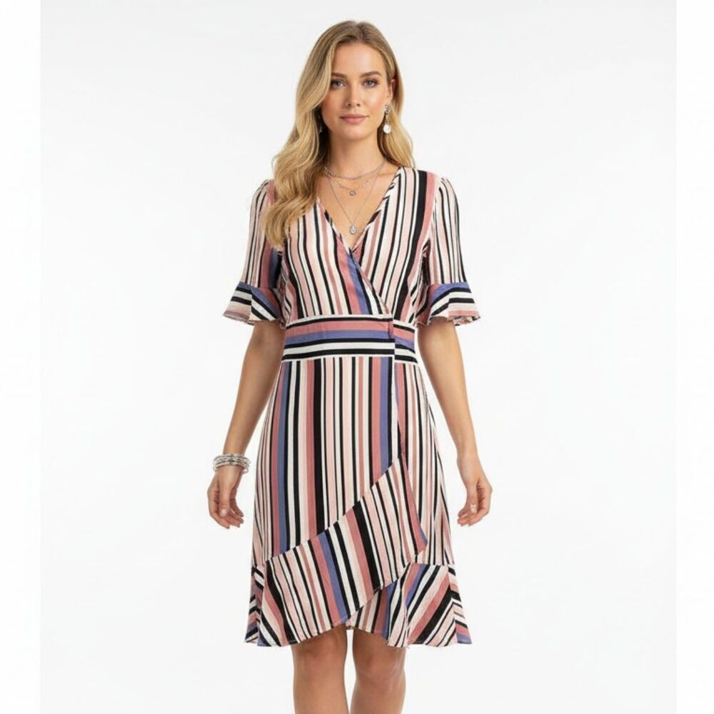 Band of Gypsies Pink Striped Side Wrap Short Sleeve Dress S NEW